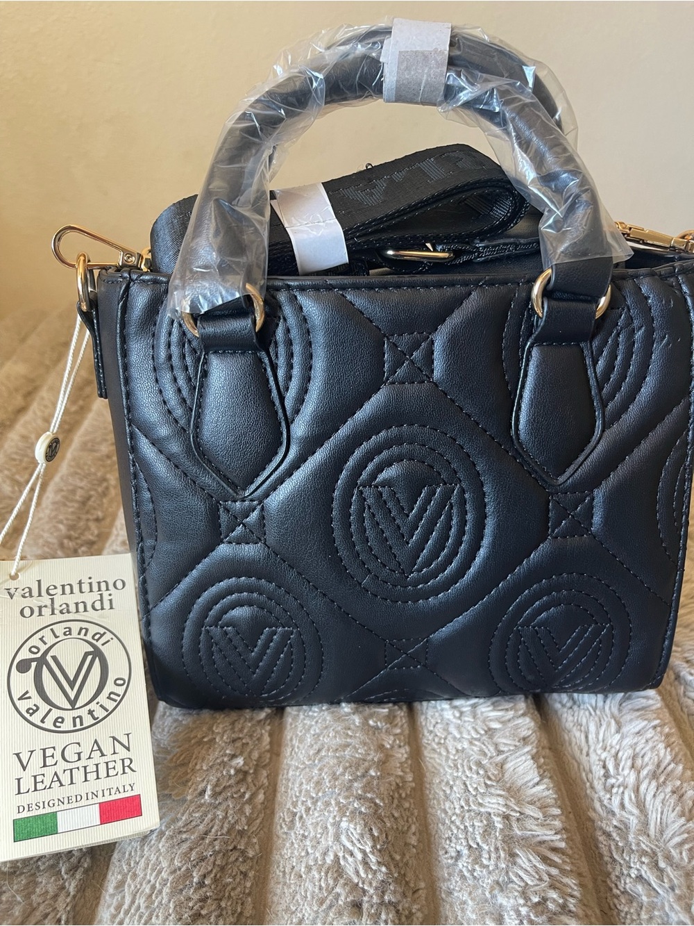 Valentino Orlandi Black Quilted Vegan Leather Mini Tote Crossbody